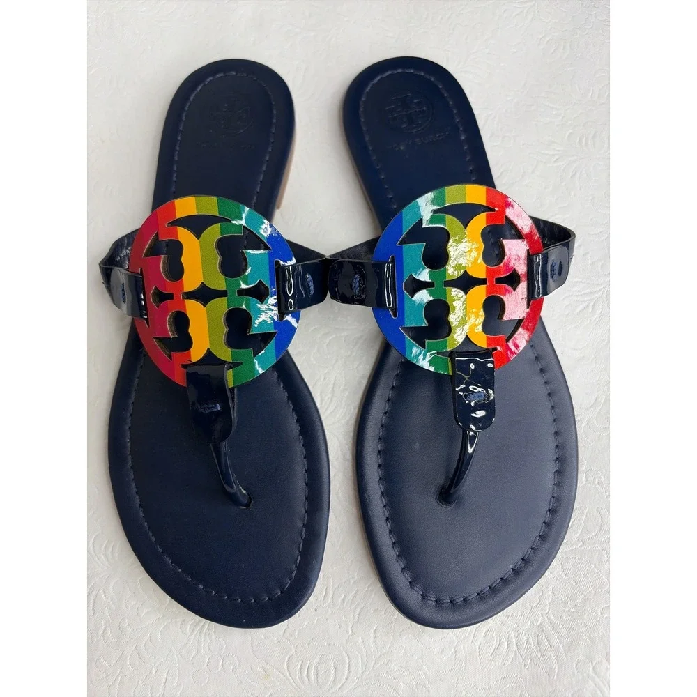 Tory Burch Miller Sandals Navy Blue Rainbow Logo Patent‎ Leather Thong Flat 7M
